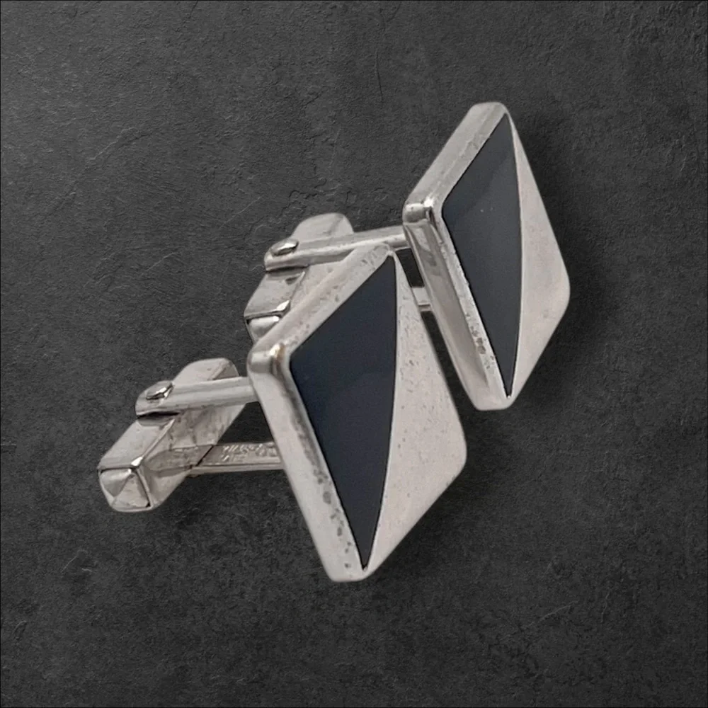 Elegant Vintage Anson Silver Tone a Black Cufflinks With Geometric Block Design